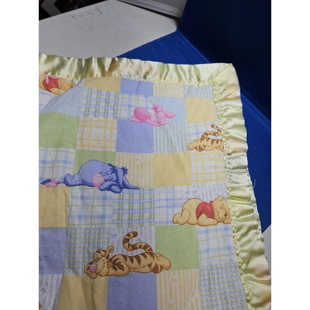 Vintage Winnie the Pooh Baby Crib Blanket Satin Trim Eeyore Piglet Tigger 42x40